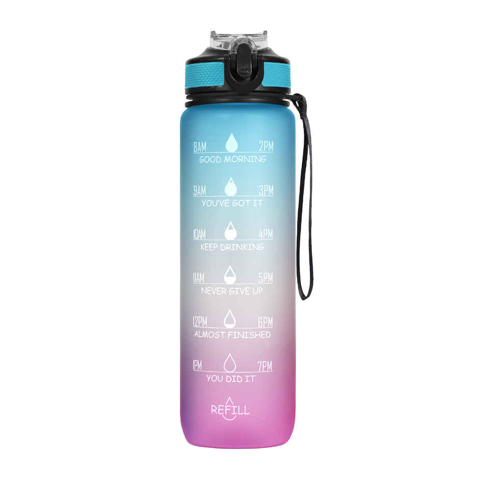 Solara 100% BPA Free Tritan Plastic Water Bottle with Time Markings | Blue and Fuschia | 1 L