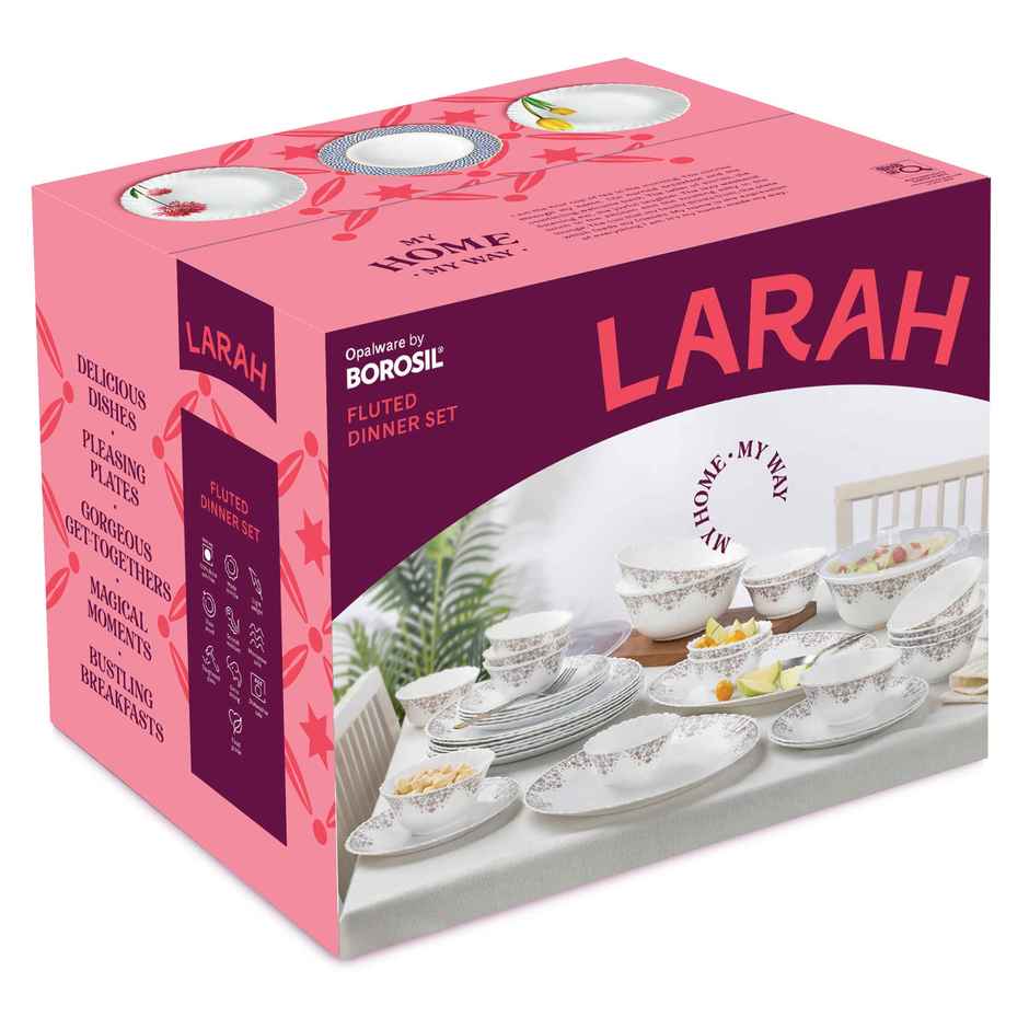 Larah by Borosil Azure Dinner Set | Opalware Crockery for Dining & Gifting | White