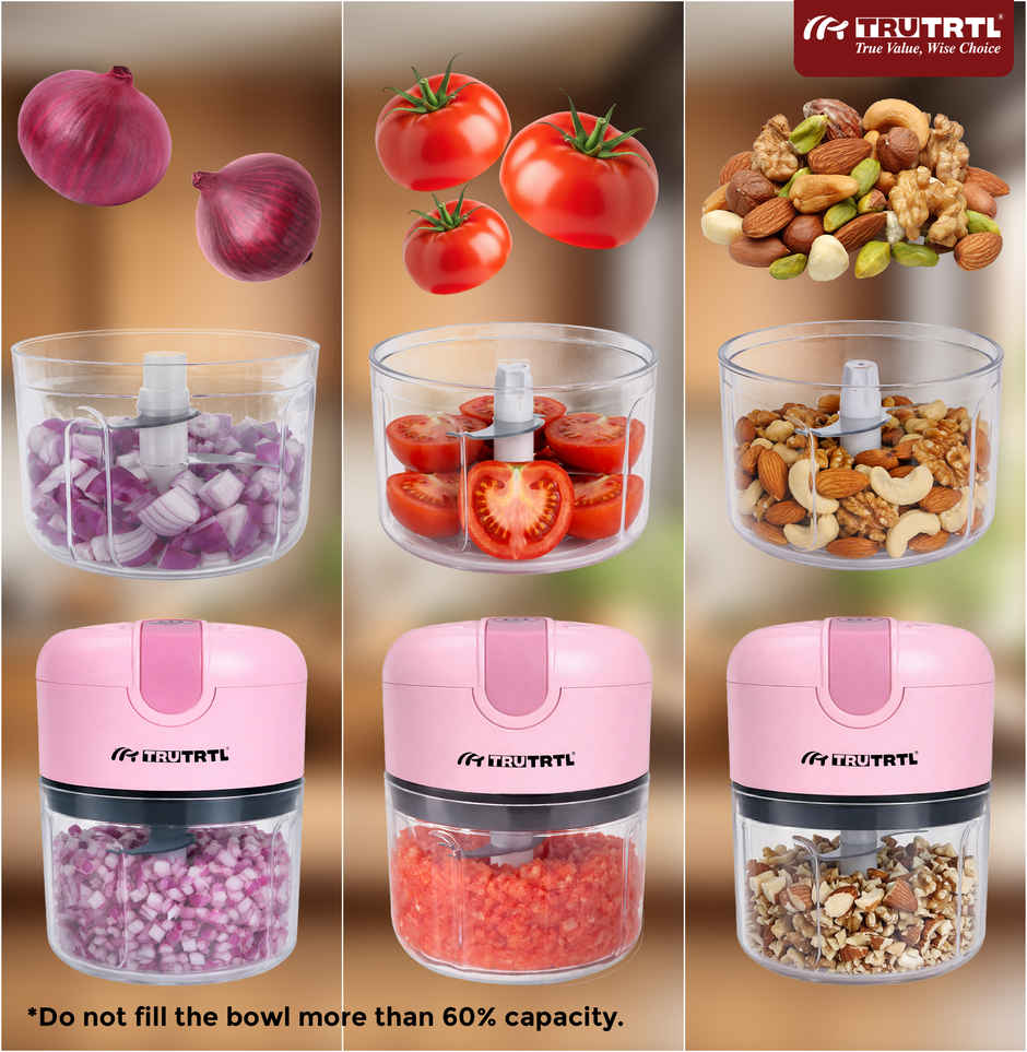 truTRTL Smart Electric Chopper | 1200 mAh Battery | Onion & Vegetable Cutter | Pink - 250 ml