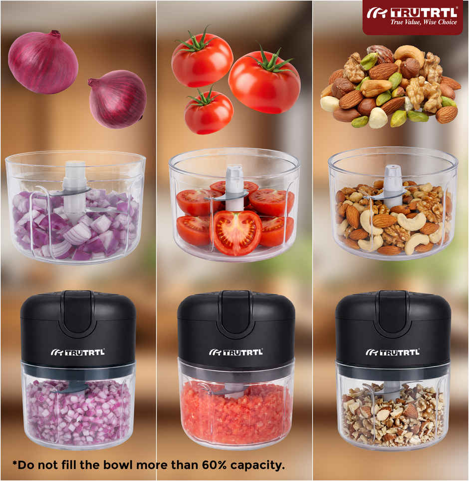  truTRTL Smart Electric Chopper | 1200 mAh Battery | Onion & Vegetable Cutter | Black - 250 ml