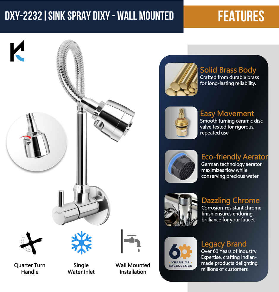 Kamal Sink Spray Dixy - Wall Mounted | Heavy Brass Body & Knob | Ss304 Rust Resistant