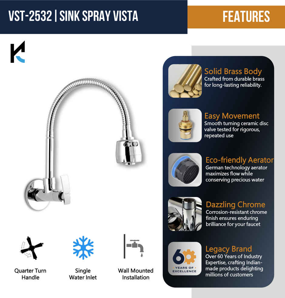 Kamal Sink Spray Vista - Wall Mounted | Ss 304 Spout 360 Degree Dual Flow Shower Mode
