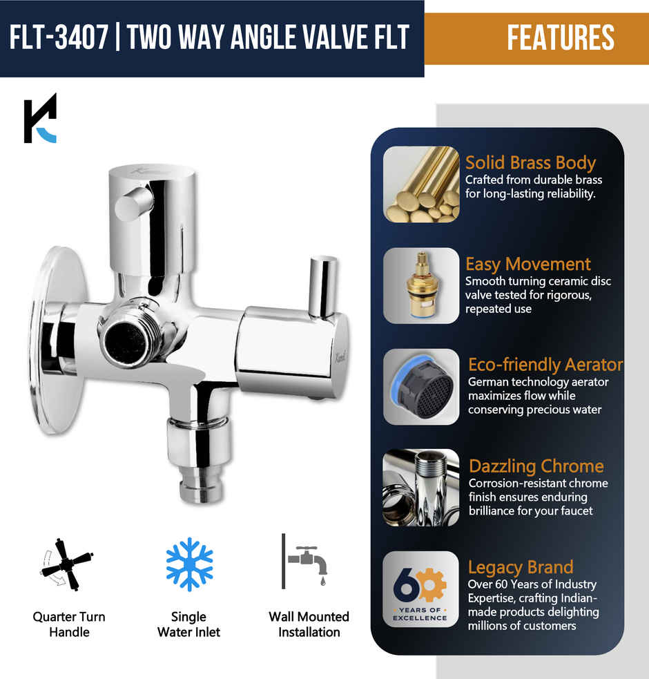 Kamal Two Way Angle Valve Flt | With Washing Adaptor | Full Brass Quarter Turn Movement | Second O