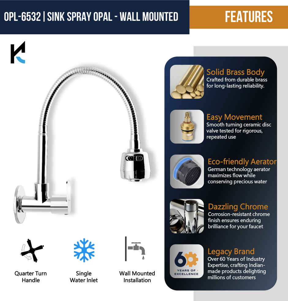 Kamal Sink Spray Opal - Wall Mounted | Ss 304 Flexible Spout 360 Degree Dual Flow | Brass Body