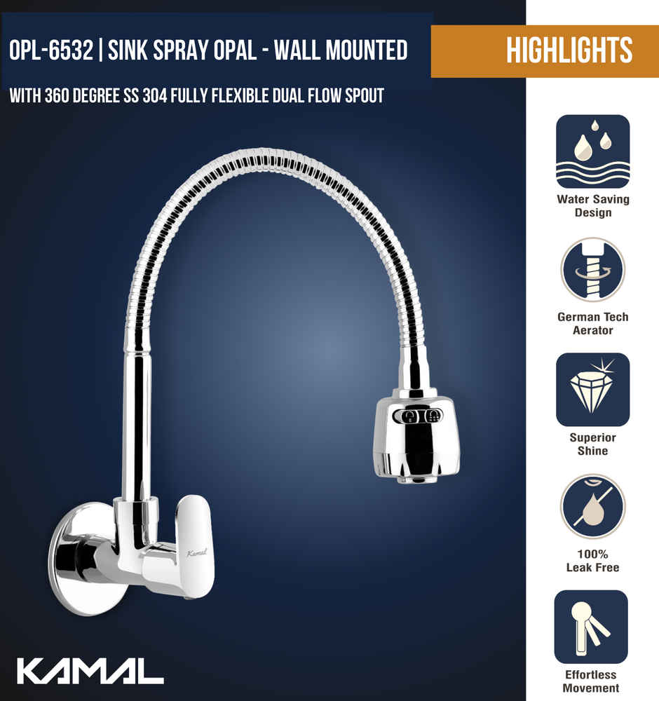 Kamal Sink Spray Opal - Wall Mounted | Ss 304 Flexible Spout 360 Degree Dual Flow | Brass Body