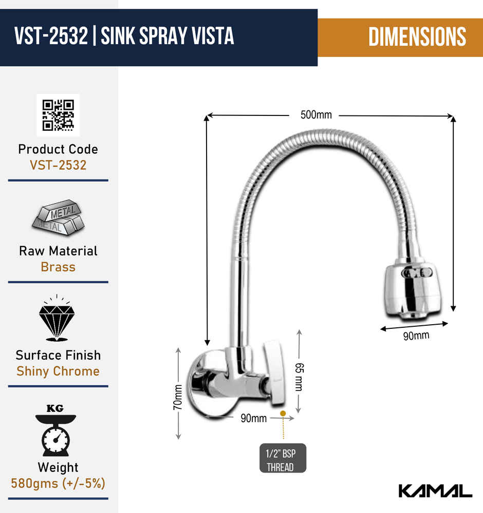 Kamal Sink Spray Vista - Wall Mounted | Ss 304 Spout 360 Degree Dual Flow Shower Mode