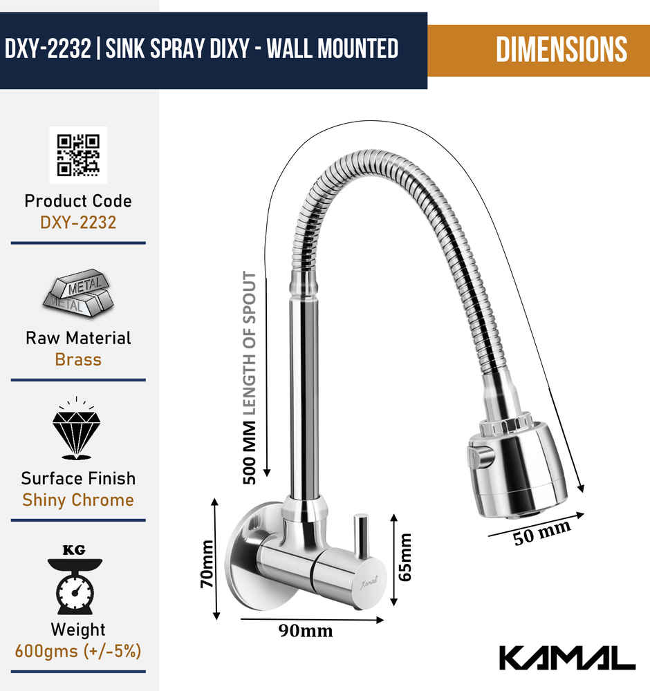 Kamal Sink Spray Dixy - Wall Mounted | Heavy Brass Body & Knob | Ss304 Rust Resistant