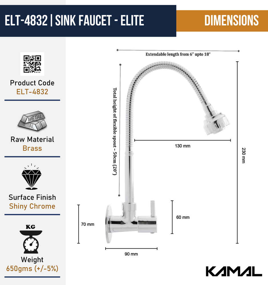 Kamal Sink Spray Elite | 360 Degree Flexible Wall Mounted Kitchen Faucet | Dual Flow Ss304