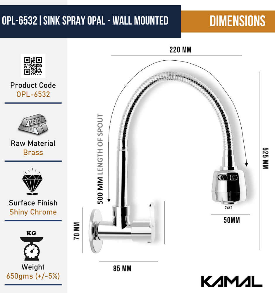 Kamal Sink Spray Opal - Wall Mounted | Ss 304 Flexible Spout 360 Degree Dual Flow | Brass Body