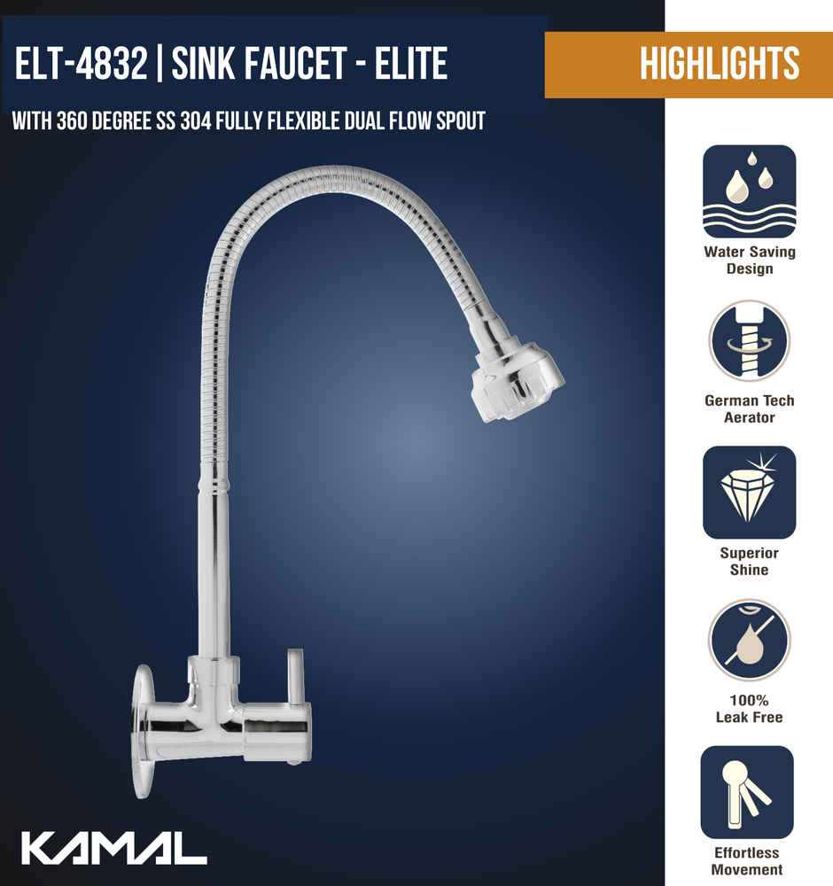Kamal Sink Spray Elite | 360 Degree Flexible Wall Mounted Kitchen Faucet | Dual Flow Ss304