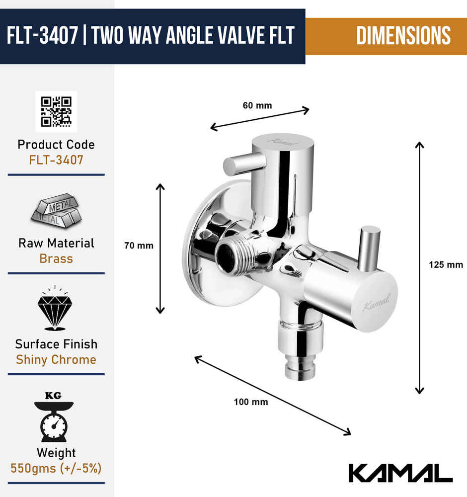 Kamal Two Way Angle Valve Flt | With Washing Adaptor | Full Brass Quarter Turn Movement | Second O