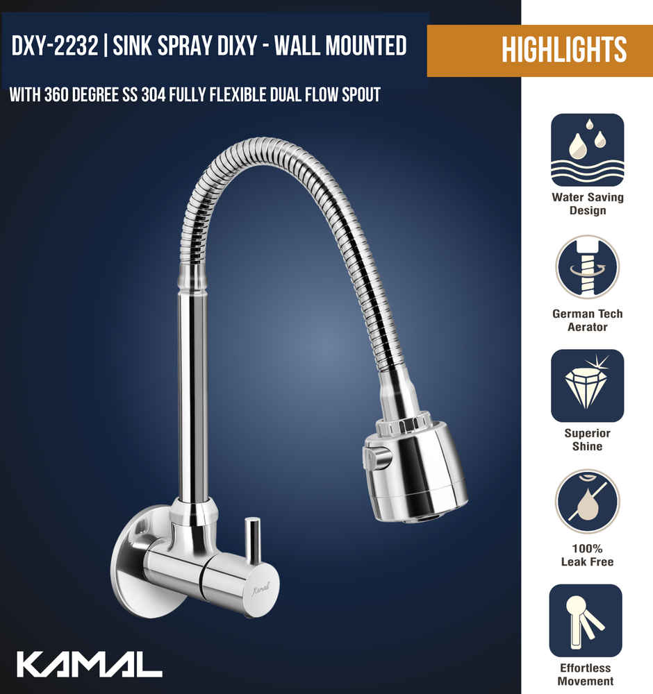 Kamal Sink Spray Dixy - Wall Mounted | Heavy Brass Body & Knob | Ss304 Rust Resistant