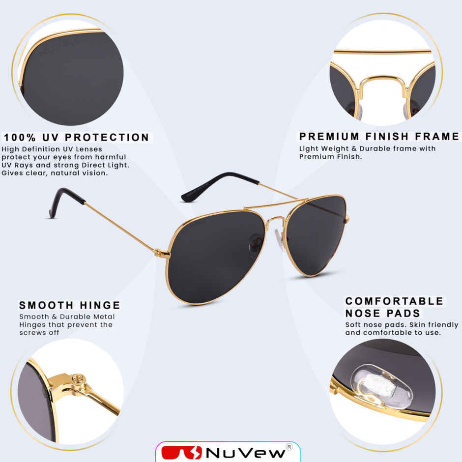 NuVew Unisex Aviator Sunglasses | Gold and Black - Medium