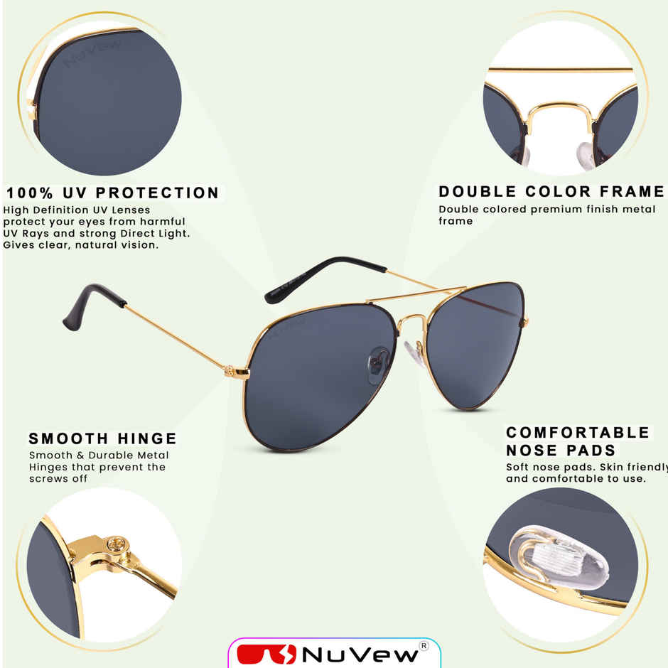 NuVew Unisex Aviator Sunglasses | Gold and Black - Medium