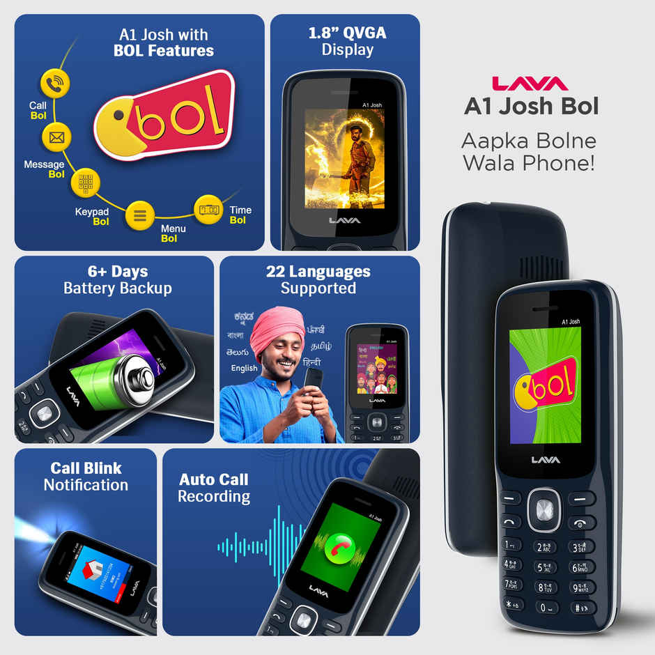 Lava A1 Josh Dual Sim Keypad Mobile | 1.77" Display | 1000 mAh Battery | Bol Feature | Blue Silver