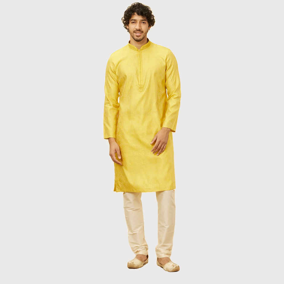 Manyavar Yellow Blended Viscose Self Design Kurta Set | XL