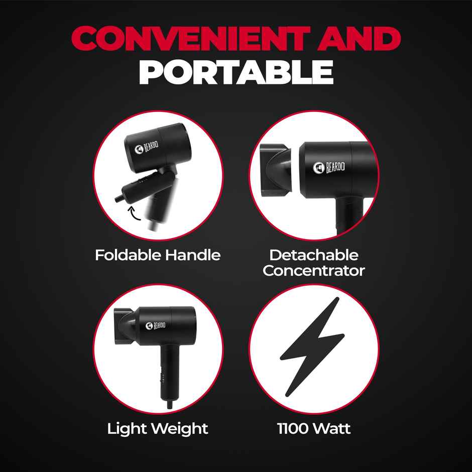 BEARDO Styling Gun Ultra Compact Hair Dryer, 1100 Watts Foldable Hair Dryer, 3 Heat 2 Speed Setting - Matte Black