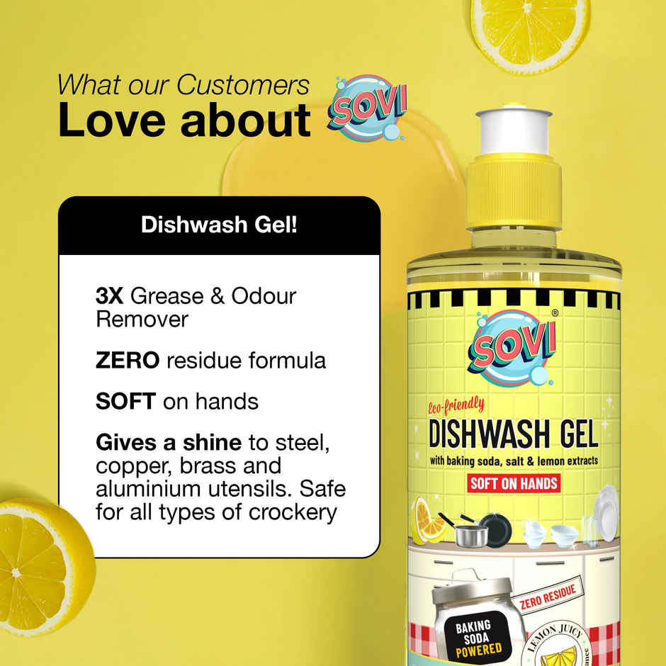 Sovi Eco-Friendly Dishwash Liquid With Baking Soda - Salt And Lemon Extract | Lemon Juicy