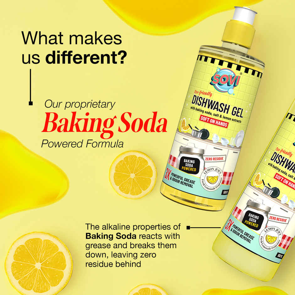 Sovi Eco-Friendly Dishwash Liquid With Baking Soda - Salt And Lemon Extract | Lemon Juicy