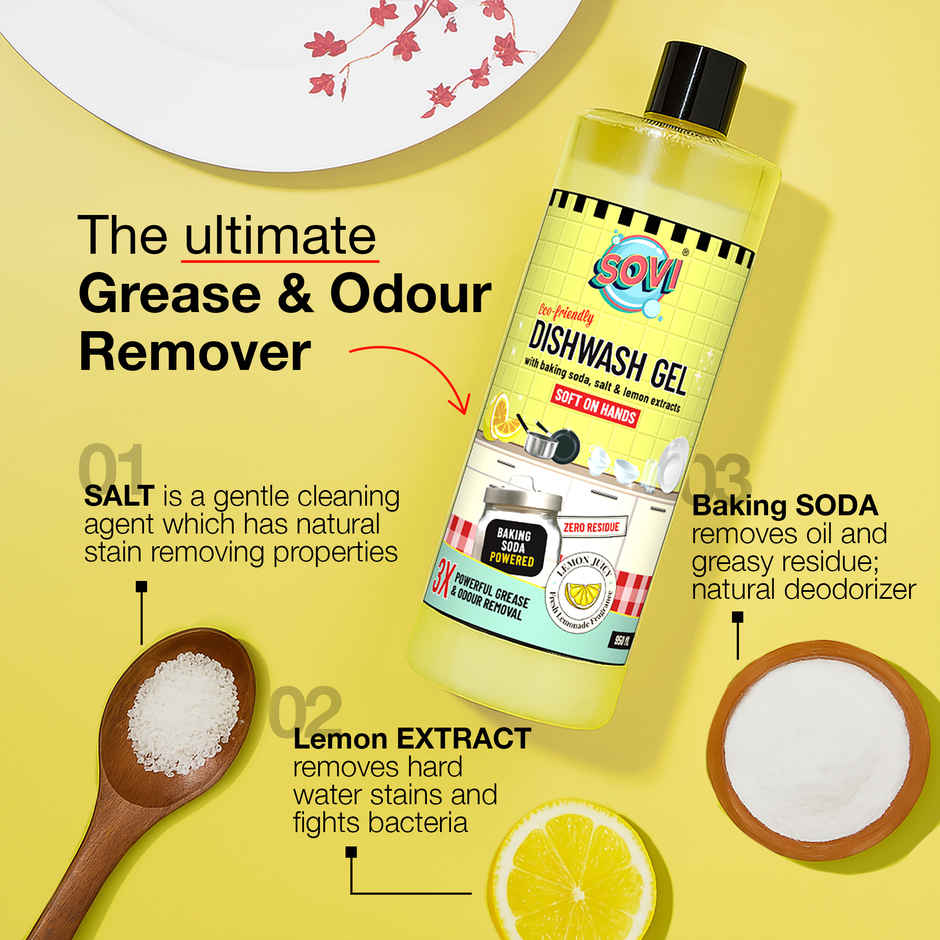 Sovi Eco-Friendly Dishwash Liquid With Baking Soda - Salt And Lemon Extract | Lemon Juicy