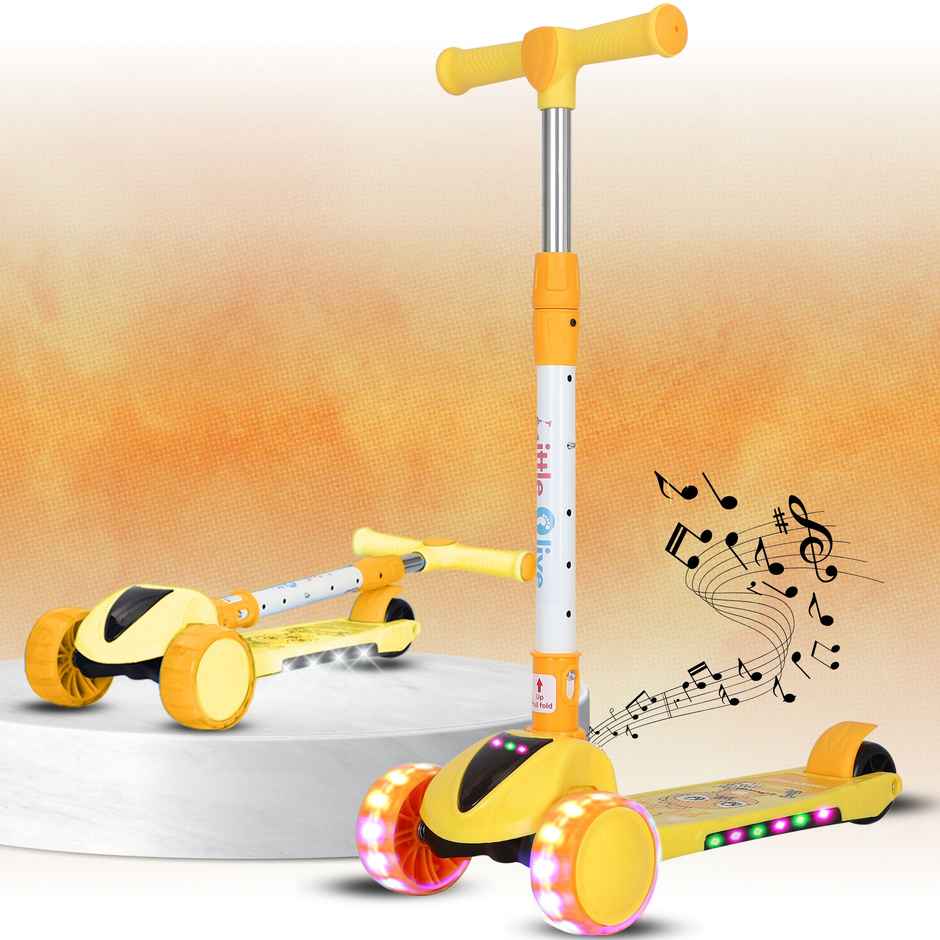 Little Olive Pluto Kids Scooter with LED Wheels, Adjustable Height, Foldable, for Ages 3-7 (Yellow)