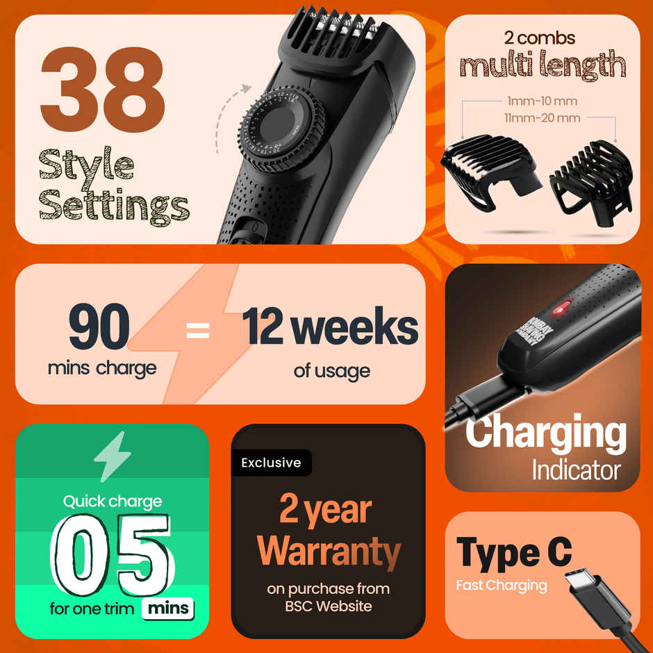 Bombay Shaving Company Power Styler OG Beard Trimmer For Men | 2X Fast Charging | USB Type C