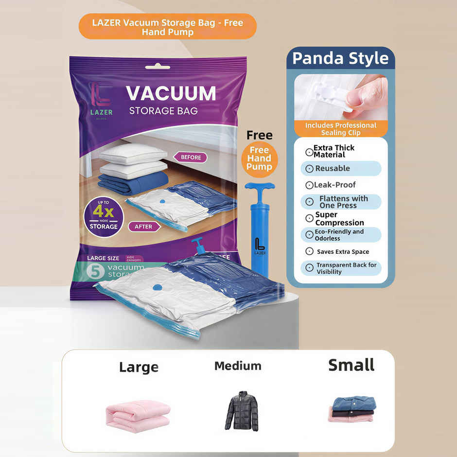 Lazer Space Saver Reusable Vacuum Bags for Travel with Hand Pump | Transparent