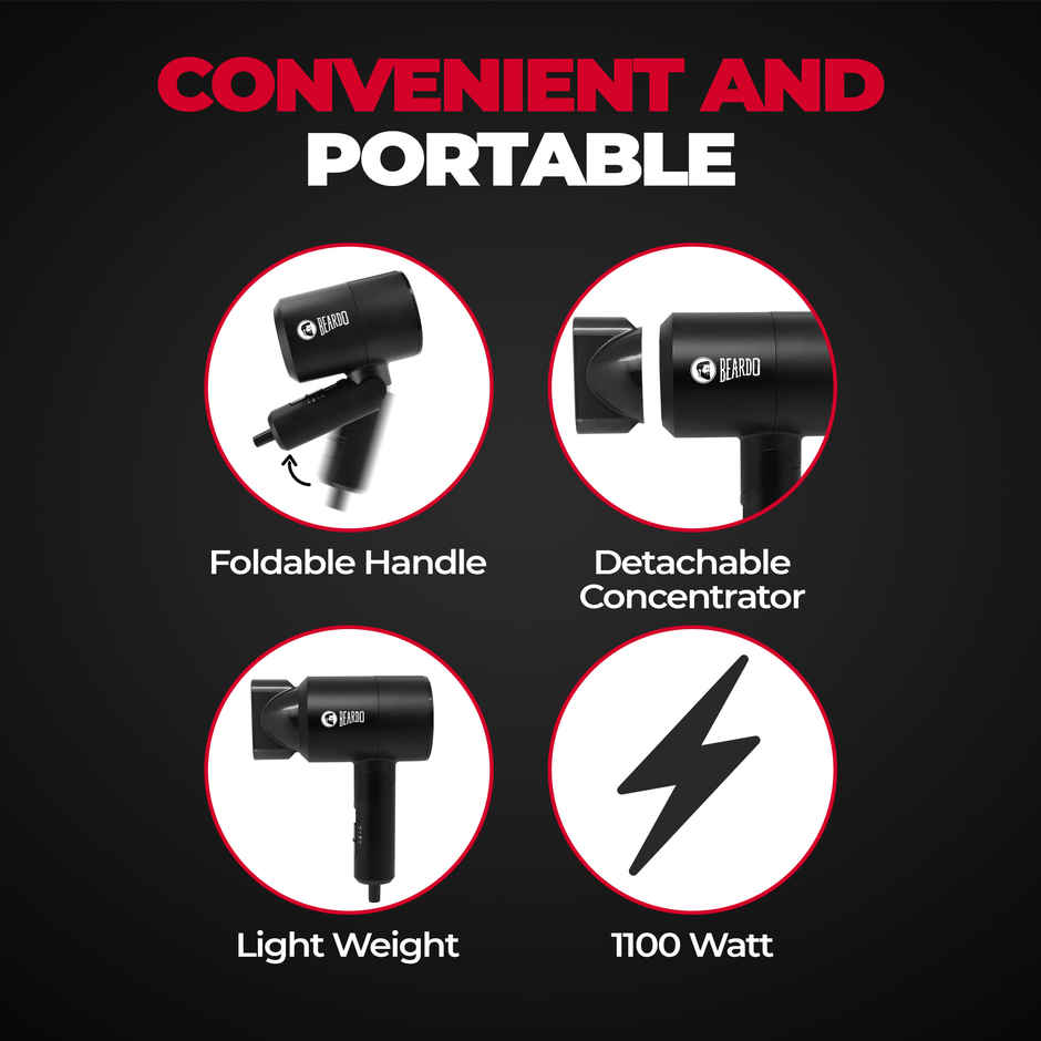 BEARDO Styling Gun Ultra Compact Hair Dryer, 1100 Watts Foldable Hair Dryer, 3 Heat 2 Speed Setting - Matte Black