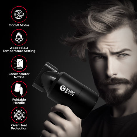 BEARDO Styling Gun Ultra Compact Hair Dryer, 1100 Watts Foldable Hair Dryer, 3 Heat 2 Speed Setting - Matte Black