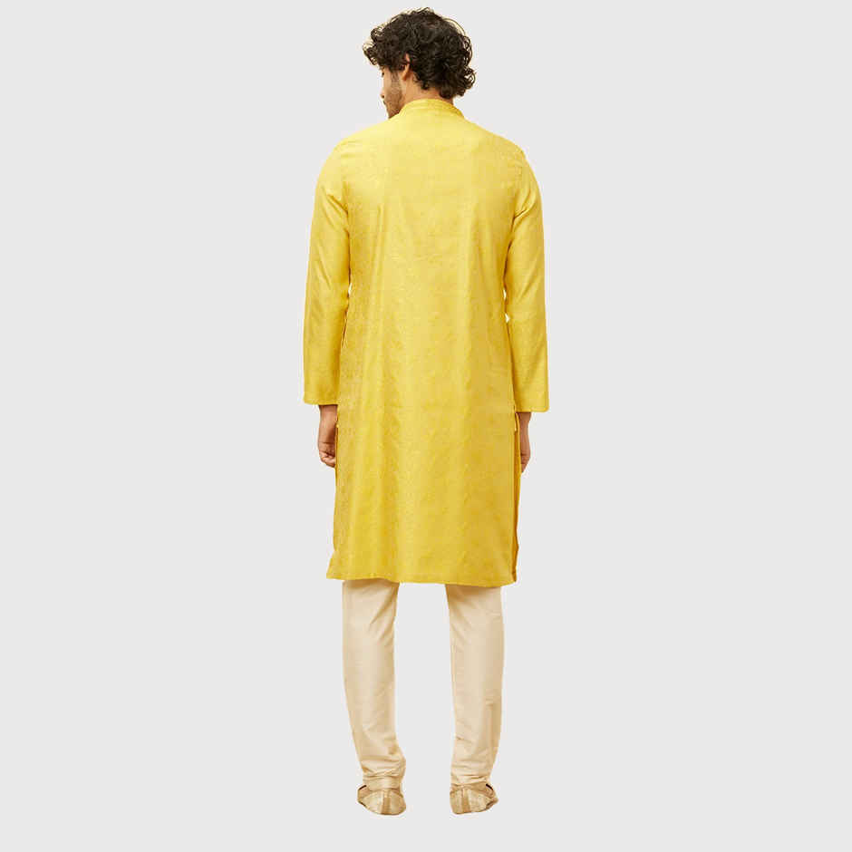 Manyavar Yellow Blended Viscose Self Design Kurta Set | XL