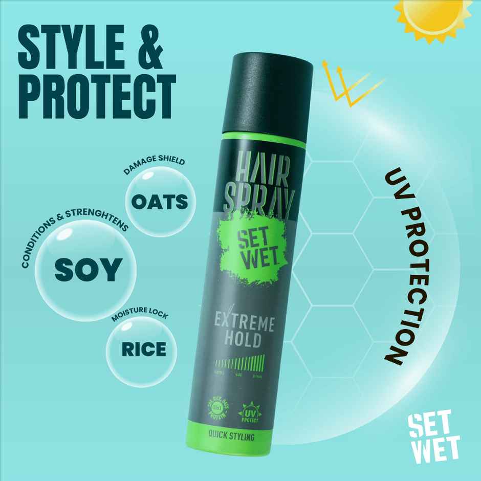 Set Wet Hair Spray For Men & Women | Extreme, Long-lasting Hold | UV Protect | With Soy, Rice & Oat Protein