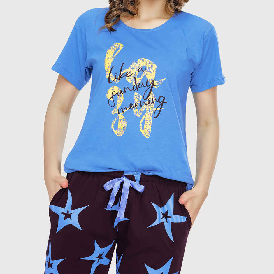 Zeyo Night Suit for Women Blue Star Printed Cotton Night Dress of Top & Pajama Set 5773-BE- XL