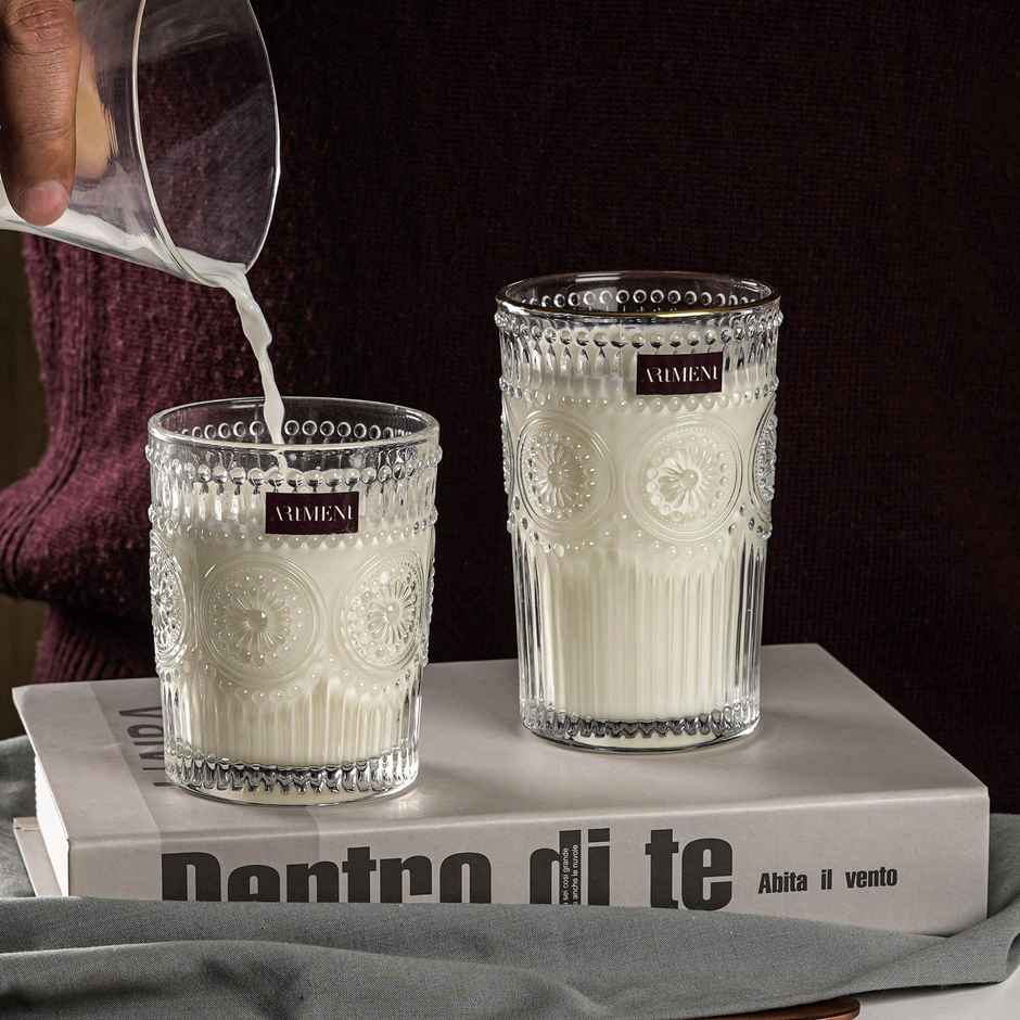 The Artment Modern Art Vintage Embossed Whisky, Juice, Water Glasses Set Of 4 (300 ml)