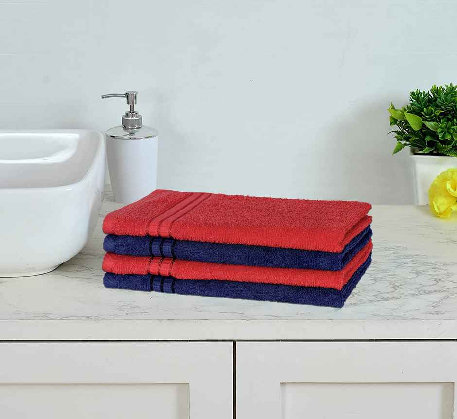 Superspun 100% Cotton- 420 Gsm- Vodre- Four Piece Set- Hand Towel- Size:40 x 60 - Navy Blue & Red
