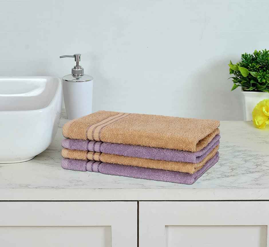 Superspun 100% Cotton- 420 Gsm- Vodre- Four pc Set- Hand Towel- Size:40 x 60 - Lavender & Beige