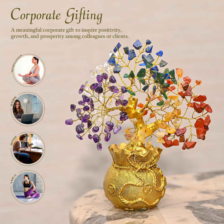 HINDCRAFT 7 Chakra Healing Crystal Bonsai Tree of Life with Golden Abundance Base