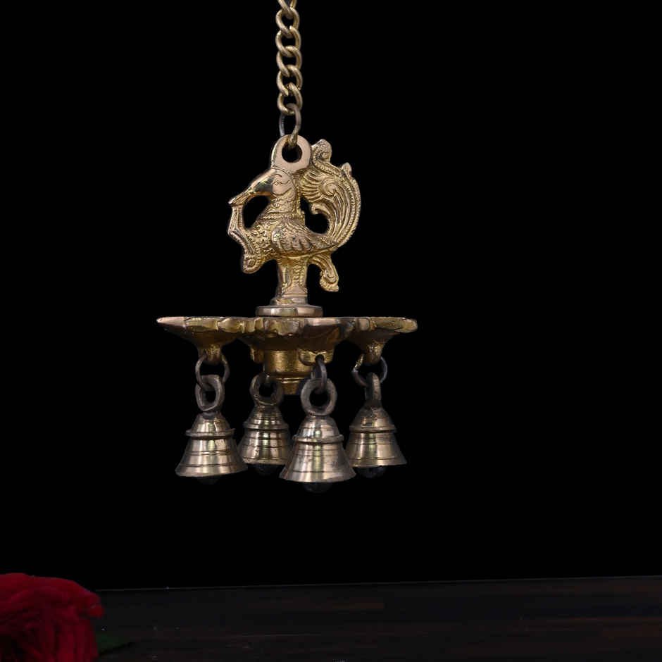 Brass Hanging Diya - Peacock 4 Diya with Bells | AROU NEST