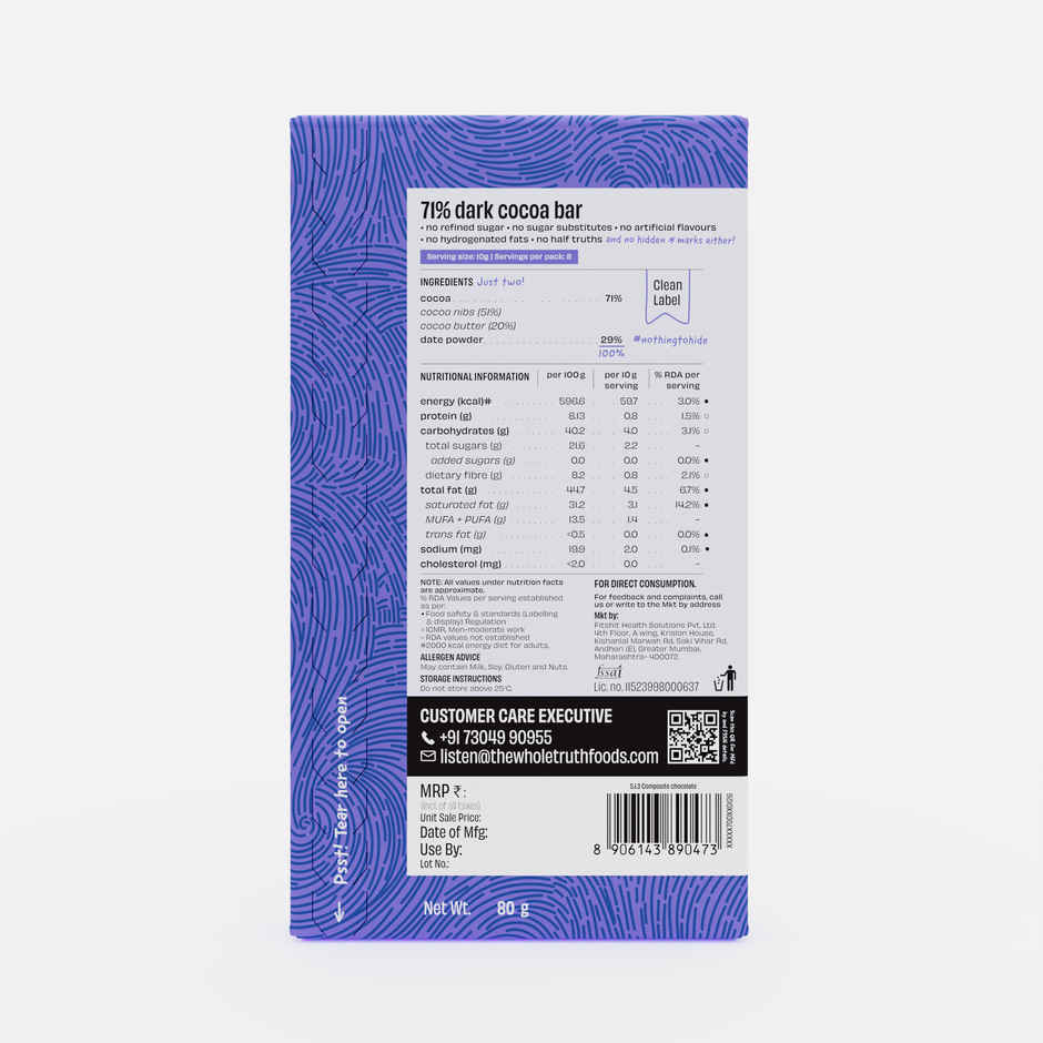 The Whole Truth Dark Cocoa Bar- 71% Dark | 80 g | Sweetened with dates