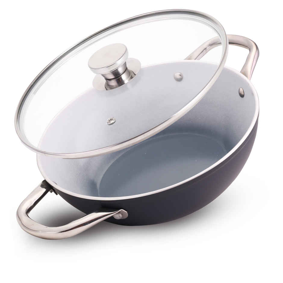 Wonderchef Eco Glide Kadhai with Lid | 28 cm | 4.3 L | Ceramic Coating | Induction Compatible | Grey