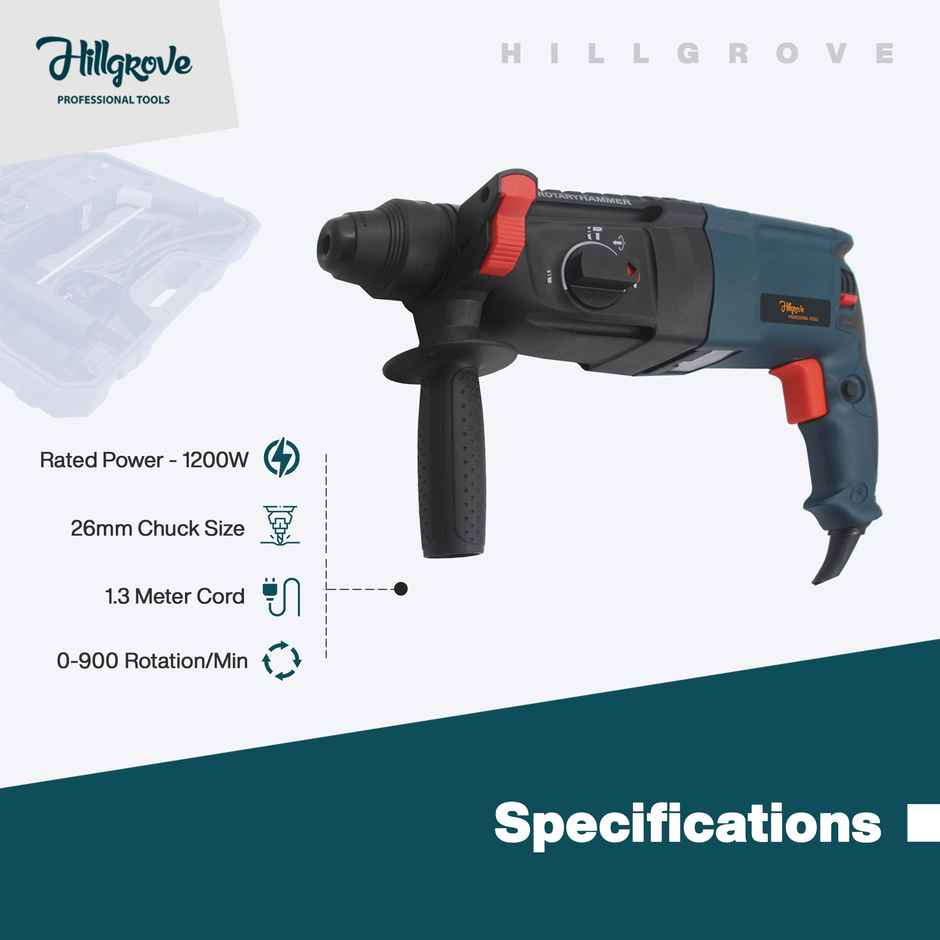 Hillgrove Hzp65M1 Hammer Drill Machine With Chuck,Drill Bits,Tool Kit | 26 mm Chuck Size, 1200 W
