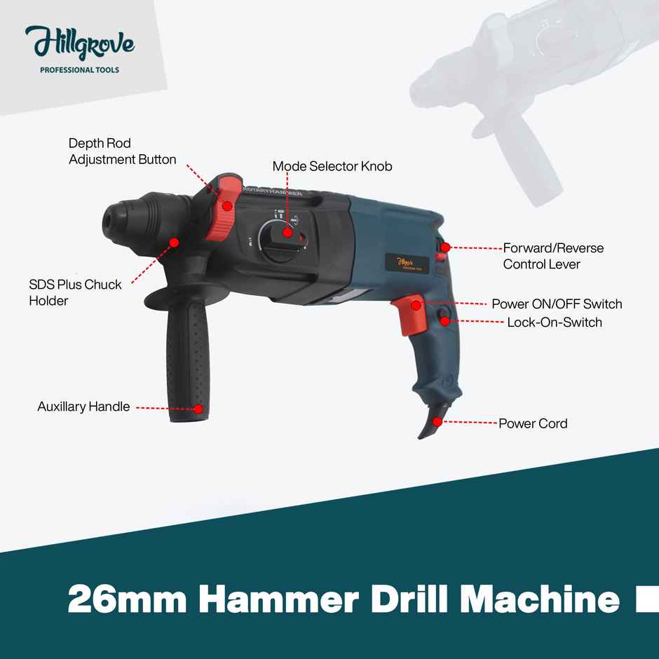 Hillgrove Hzp65M1 Hammer Drill Machine With Chuck,Drill Bits,Tool Kit | 26 mm Chuck Size, 1200 W