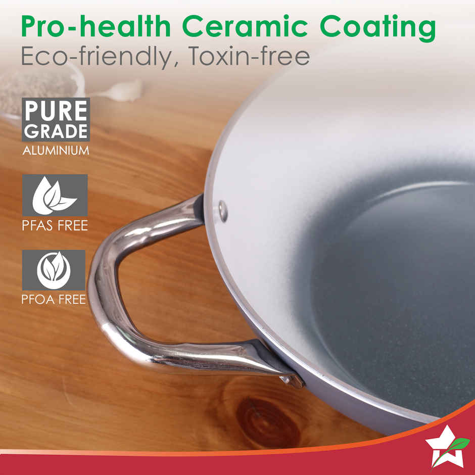Wonderchef Eco Glide Kadhai with Lid | 28 cm | 4.3 L | Ceramic Coating | Induction Compatible | Grey