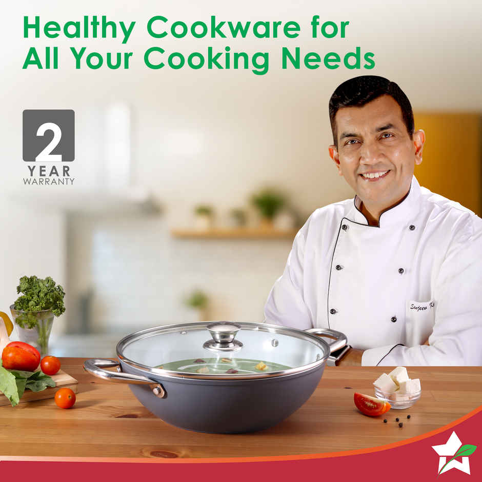 Wonderchef Eco Glide Kadhai with Lid | 28 cm | 4.3 L | Ceramic Coating | Induction Compatible | Grey