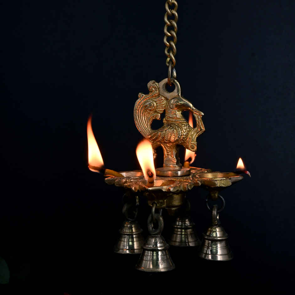 Brass Hanging Diya - Peacock 4 Diya with Bells | AROU NEST