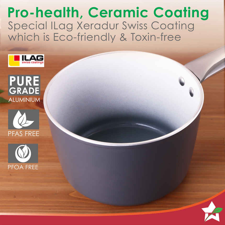 Wonderchef Eco Glide Saucepan | 16 cm | 1.75 L | Ceramic Coating | Induction Compatible | Grey