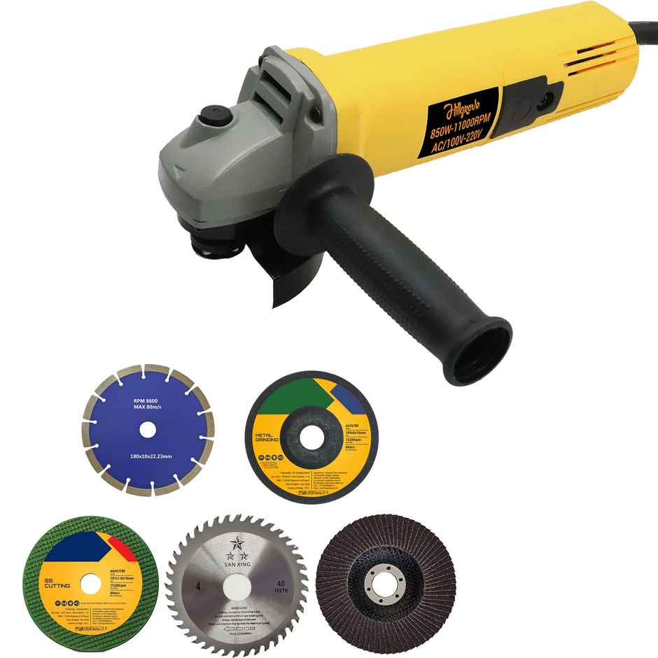 Hillgrove Hzp17M1 4 inch Angle Grinder With 5 Wheels & 5 Hand Tools For Grinding/Polishing/Cutting