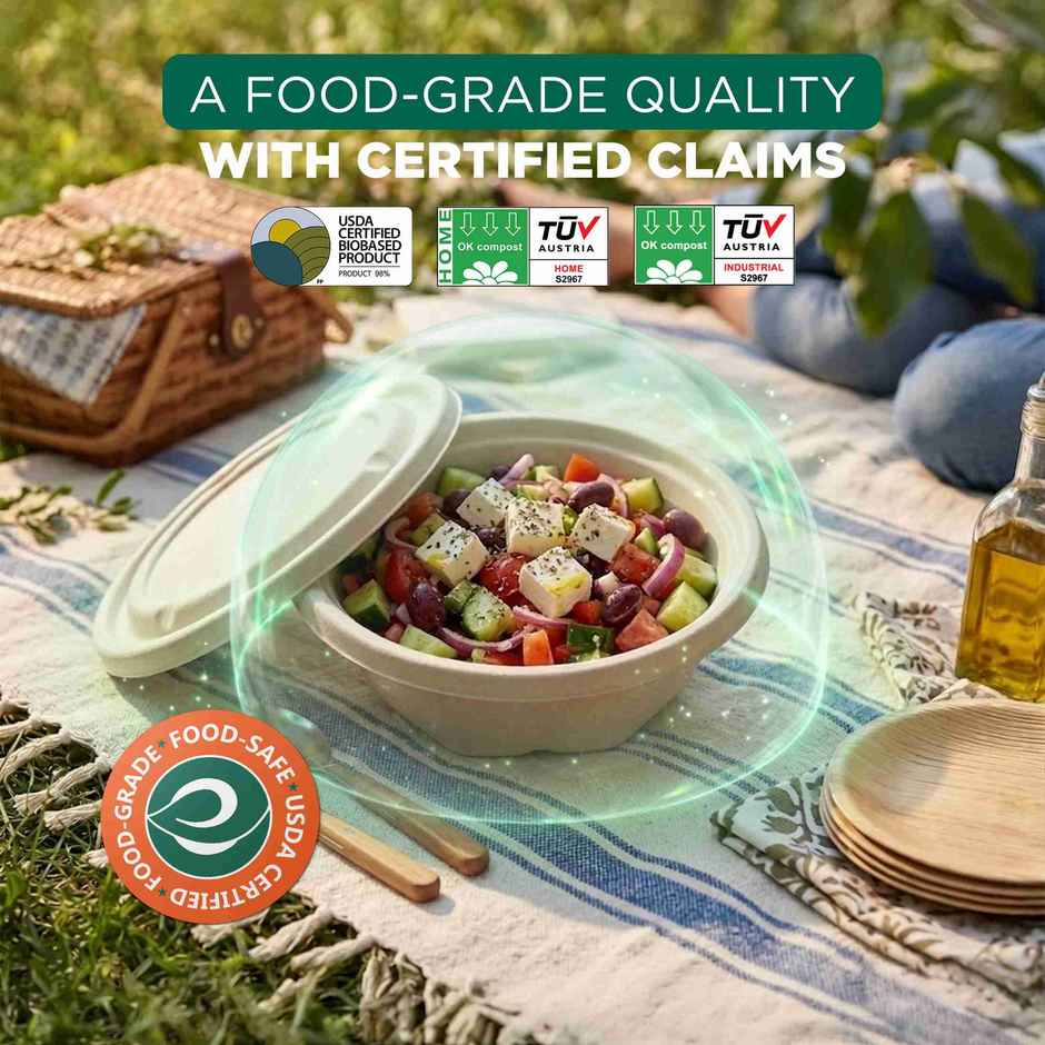 ECO SOUL | Bagasse Disposable Soup Bowls with Lid | 945 ml | Round | 10 Count