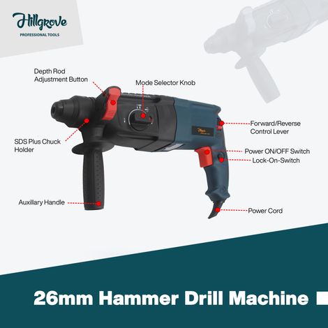 Hillgrove Hzp65M1 Hammer Drill Machine With Chuck,Drill Bits,Tool Kit | 26 mm Chuck Size, 1200 W