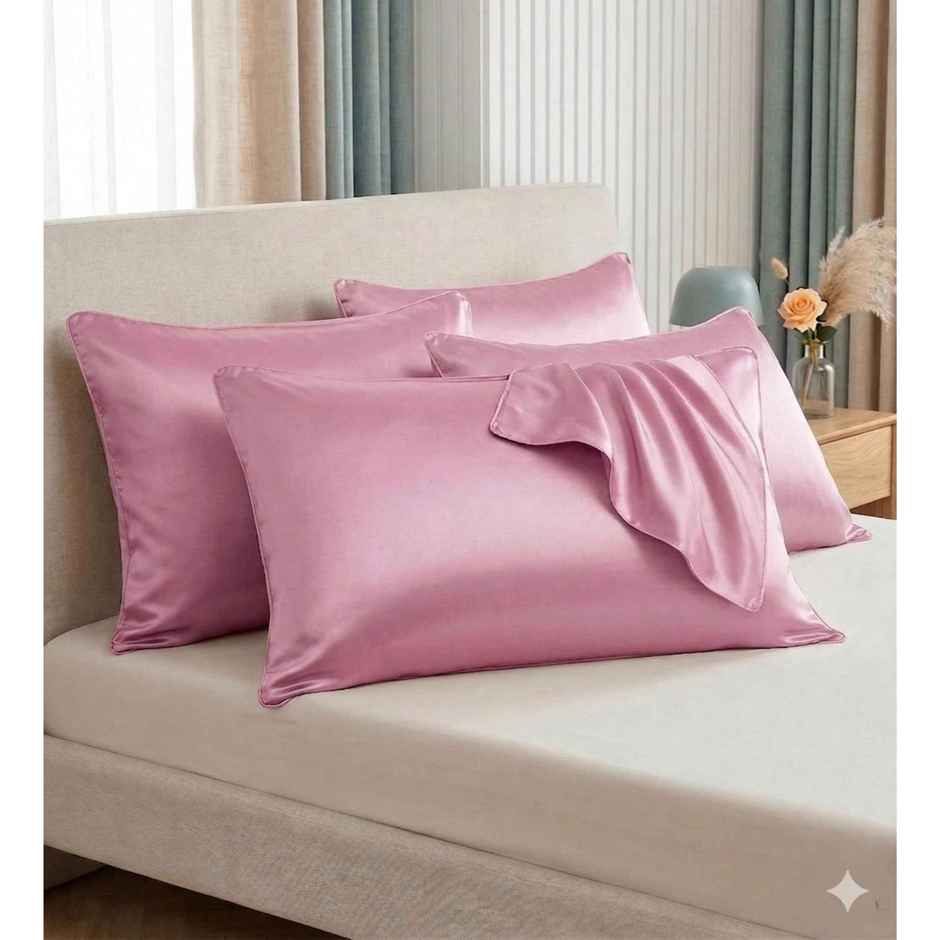 Casacraft by Pepperfry Pink Solid 400 TC Silk 4 Pillow Covers With 6 Scrunchies Free