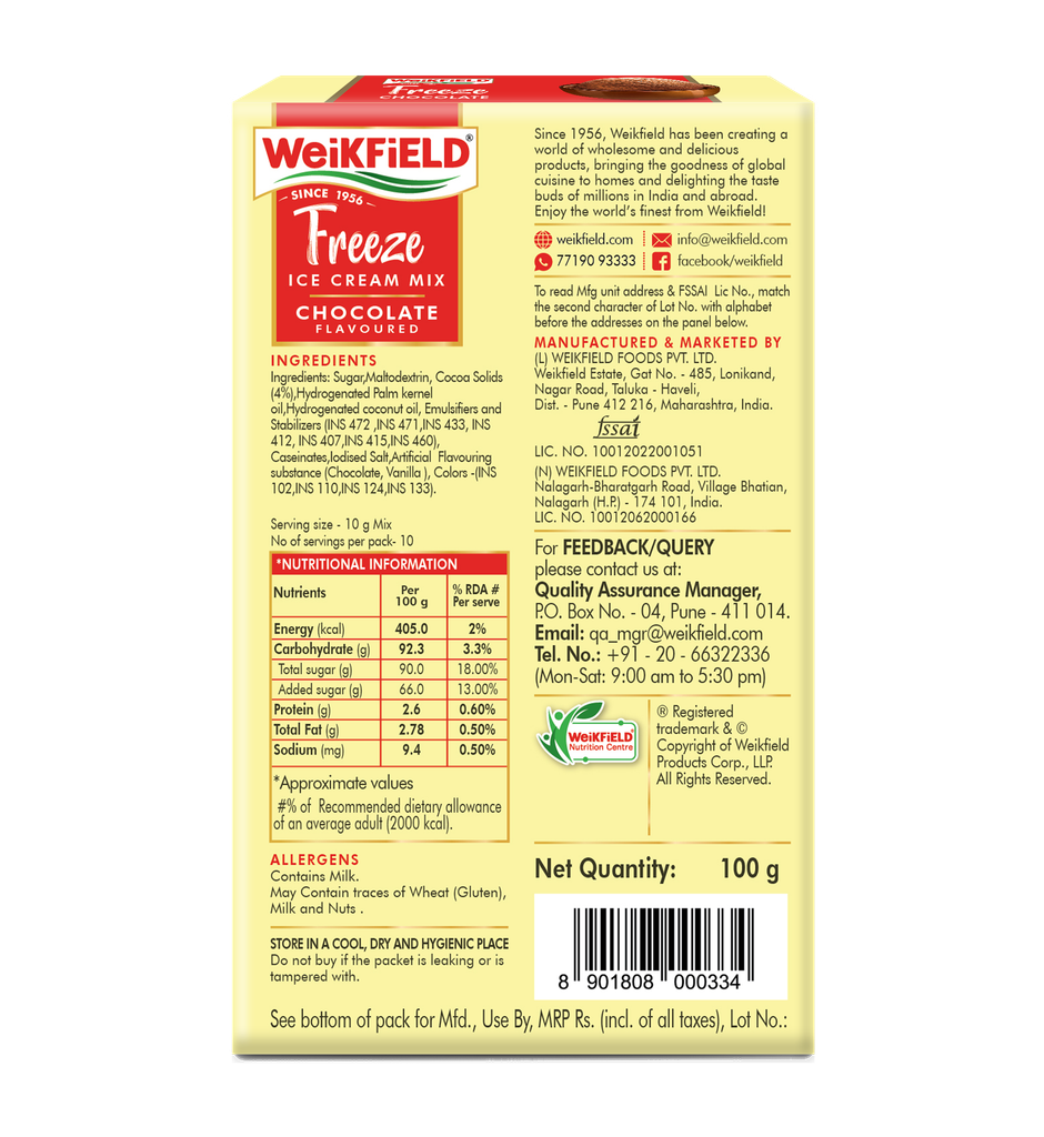Weikfield Freeze Ice-cream Mix Powder | Chocolate Flavor | Vegetarian | Carton